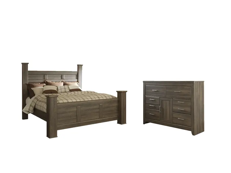 Juararo King-Sized Poster Bed With Matching Dark Brown Dresser 1