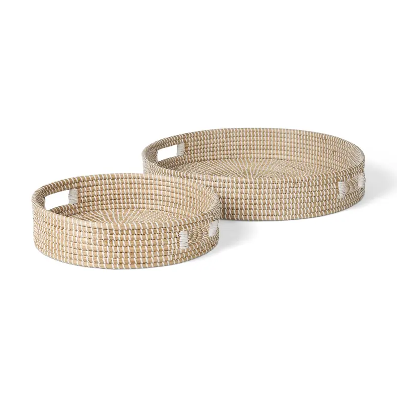 Kalama Seagrass Serving Trays Set – Two Large Round Woven Trays With Handles 1