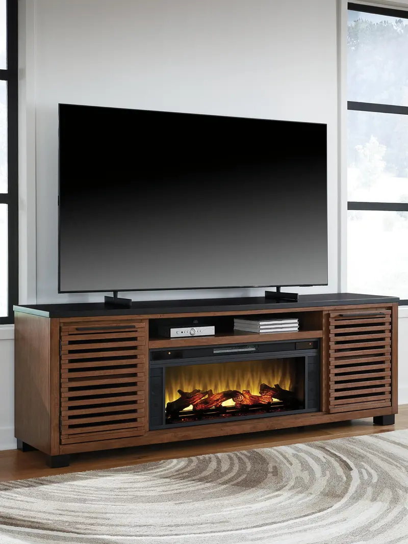 Kallari Warm Brown And Black 84-Inch Tv Stand With Electric Fireplace 1