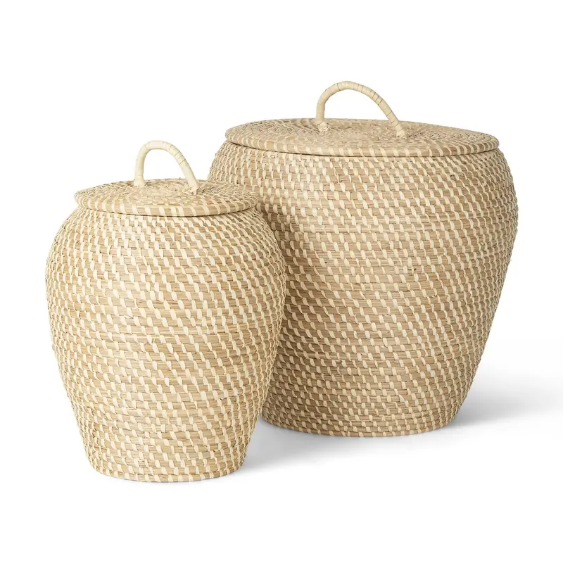 Kalopa Seagrass Storage Baskets (Set Of 2) – Natural Fiber Floor Bins With Flat-Handle Lids 1