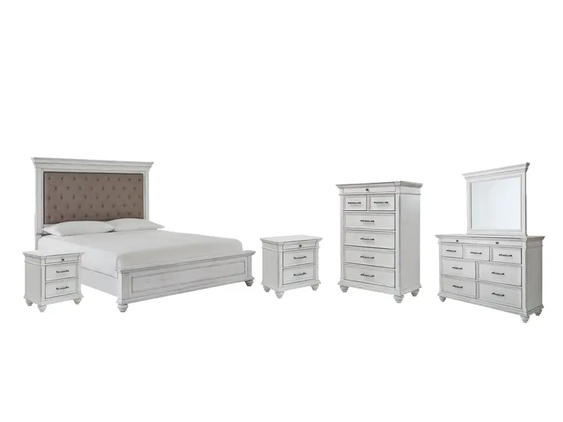 Kanwyn Whitewash Queen Panel Bed Set With Mirrored Dresser, Chest, And Two Nightstands 1