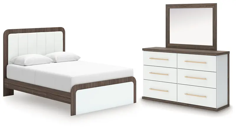 Kendanport Gray Queen Upholstered Platform Bed Set With Dresser And Mirror 1