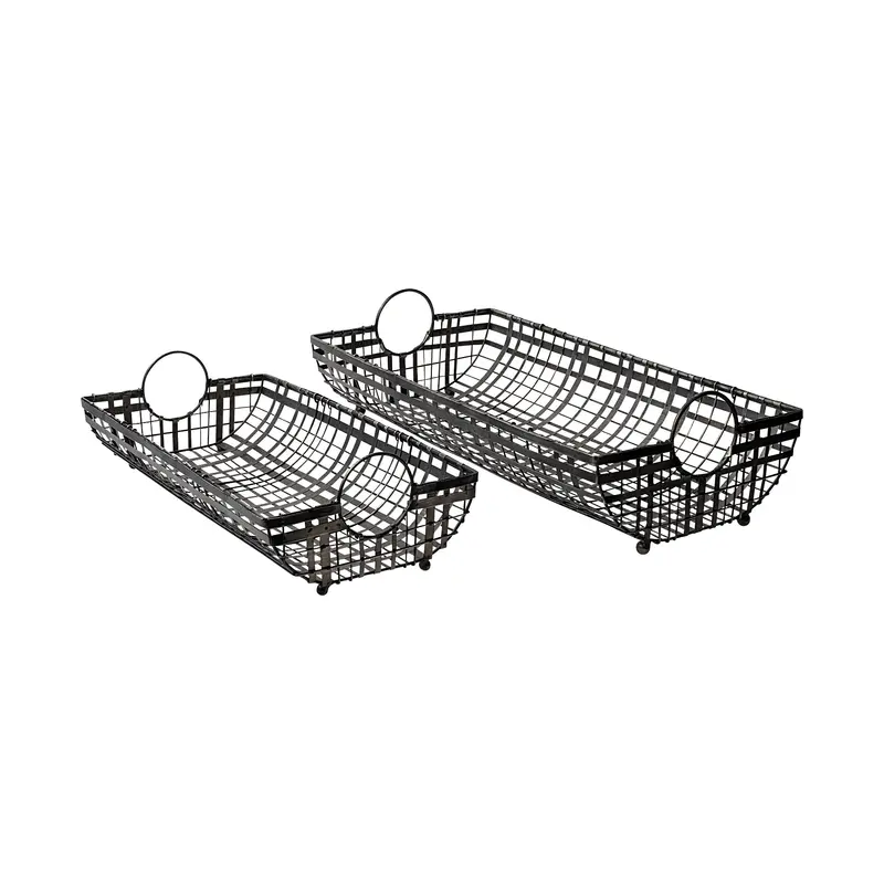 Kenneth Set Of 2 Gray Metal Storage Baskets – 24"L X 12"W Rustic Industrial Design 1