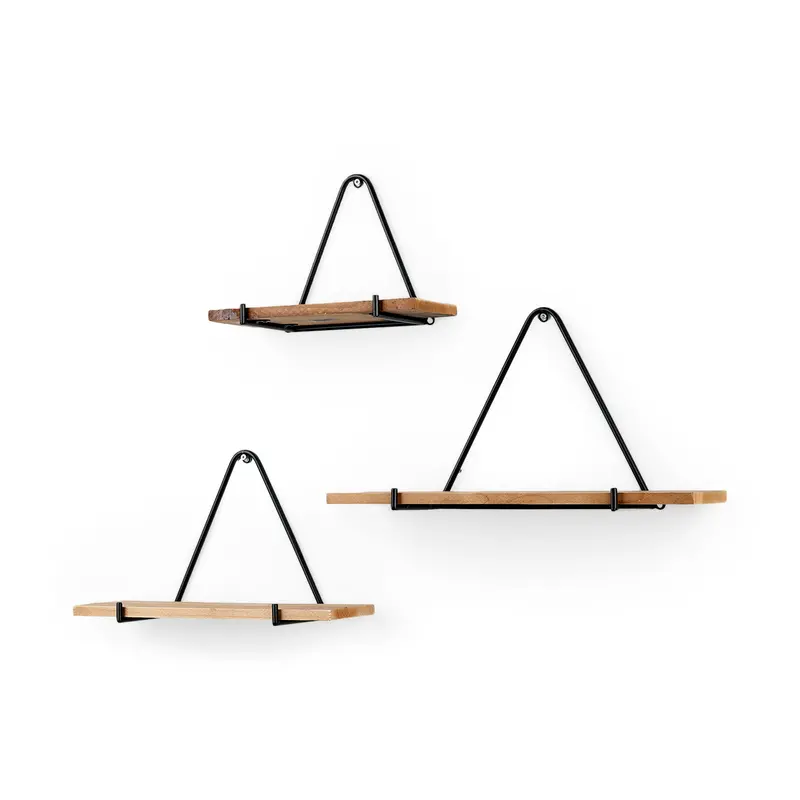 Khufu Hanging Shelves – Set Of 3 Triangular Wood And Black Metal Wall-Mounted Units 1