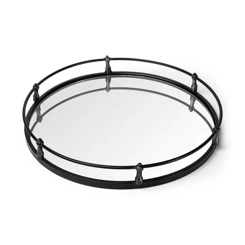 Kimbel Mirrored Tray – Black Metal Frame With Reflective Round Surface, 24" Diameter 1