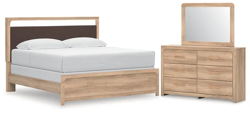 Kinlanni Tan King Upholstered Panel Bed With Matching Mirrored Dresser 1