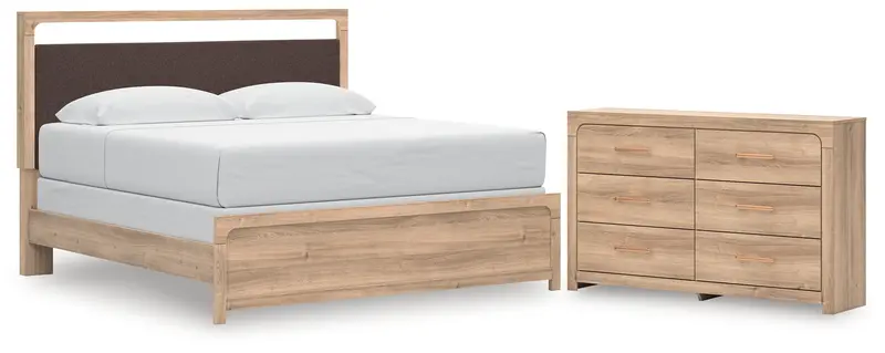 Kinlanni Tan Upholstered King Panel Bed With Matching Dresser 1