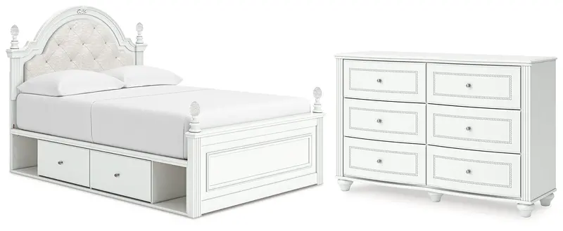 Kozlani White Full Upholstered Storage Bed With Matching Dresser 1