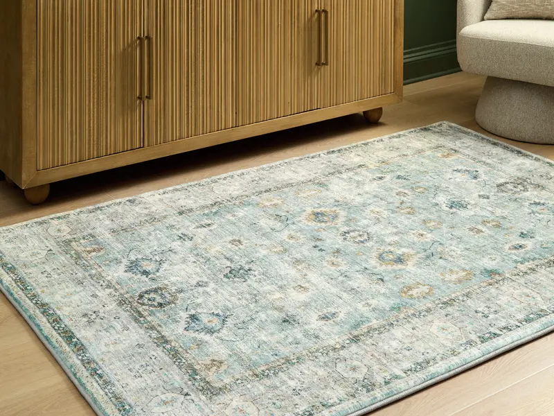 Ladstoney Abstract Teal, Beige & Ochre Medium Area Rug 1
