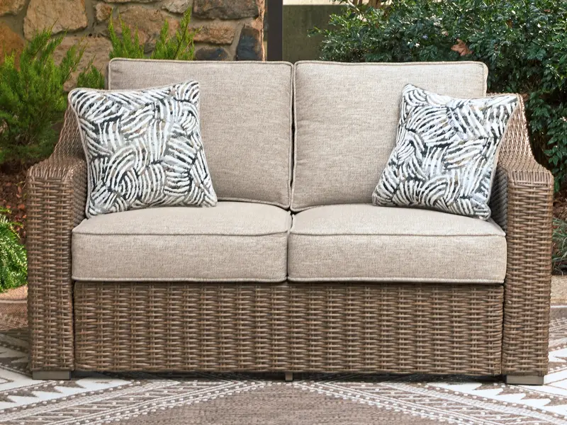 Laguna Heights Beige All-Weather Outdoor Loveseat With Cushions 1