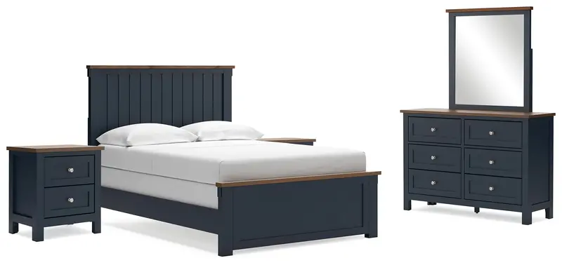 Landocken Full Panel Bed With Mirrored Dresser & Two Nightstands (Brown/Blue) 1