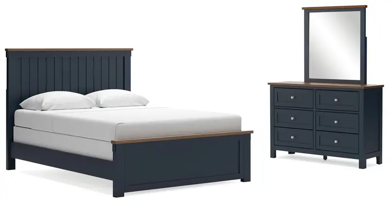 Landocken Queen Panel Bed, Dresser, And Mirror – Brown/Blue Finish 1
