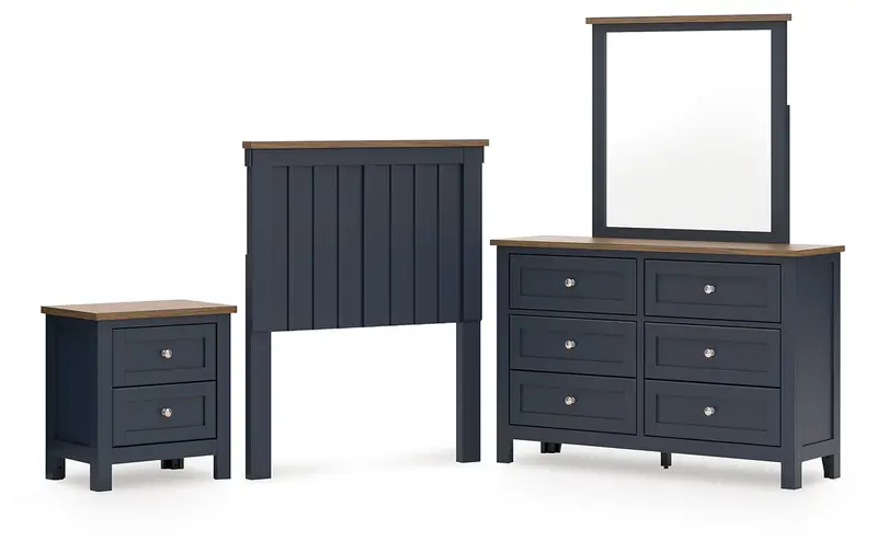 Landocken Twin Panel Headboard Set: Brown & Blue Mirrored Dresser & Nightstand 1