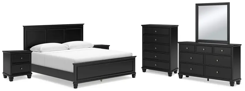 Lanolee Black King Bedroom Set: Panel Bed, Mirrored Dresser, Chest, And Two Nightstands 1