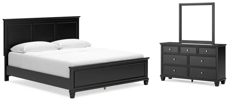 Lanolee California King Panel Bed With Coordinating Mirrored Dresser In Sleek Black 1