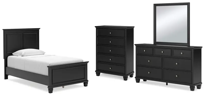 Lanolee Twin Panel Bed With Mirrored Dresser And Chest – Sleek Black Finish 1