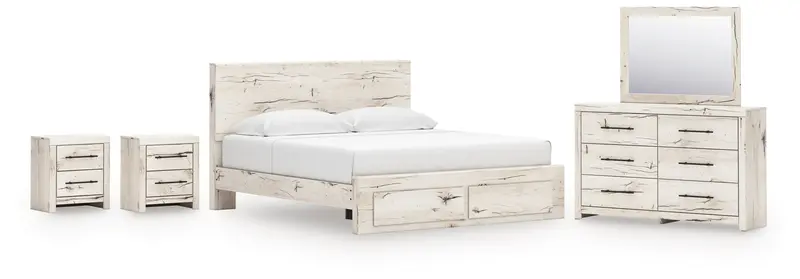 Lawroy Light Natural King Storage Panel Bed With Mirrored Dresser And Two Nightstands 1