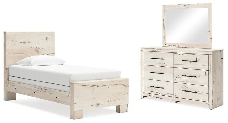 Lawroy Twin Panel Bed Set With Light Natural Mirrored Dresser 1
