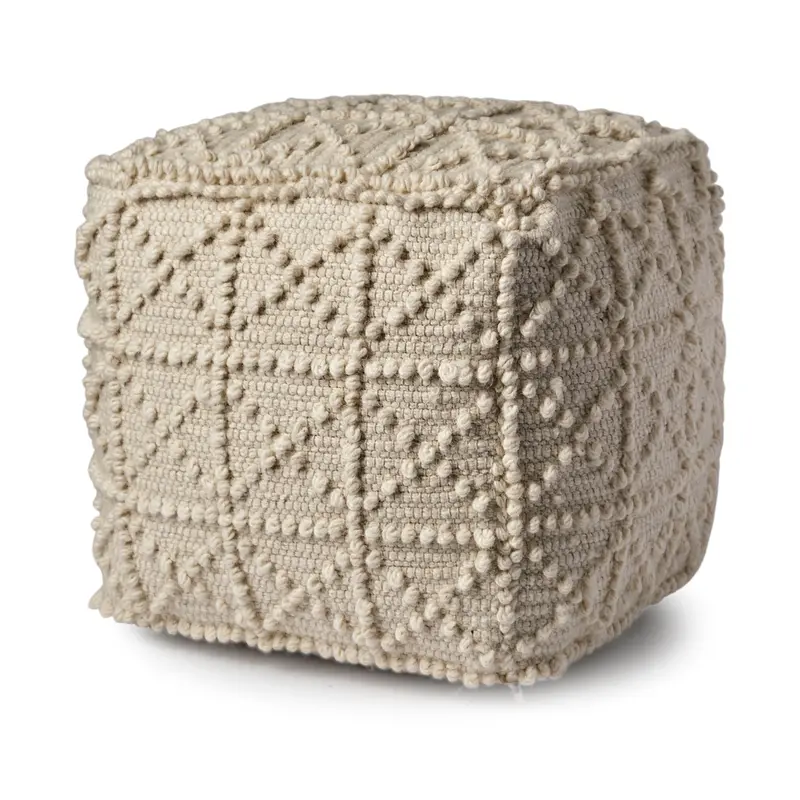 Leroy Cream Wool Pouf – Square Popcorn-Knit Design With Soft Texture 1