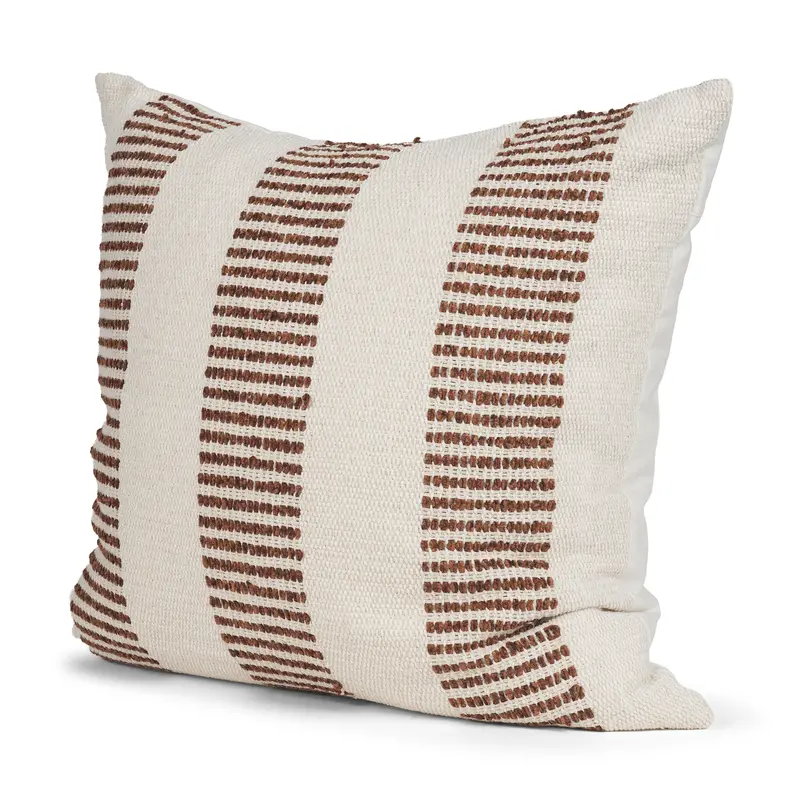 Levon Cream Plush Lumbar Pillow Cover With Orange Dashed Stripes (22" X 22") 1