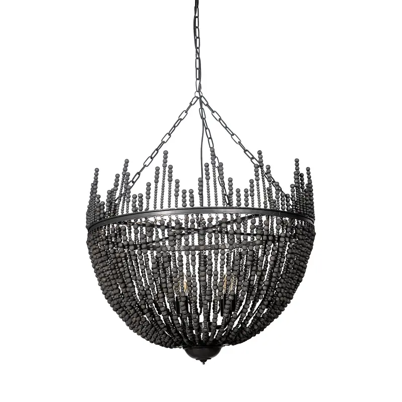 Liam I Four-Bulb Chandelier – 32" Black Wooden Bead Bowl Design 1