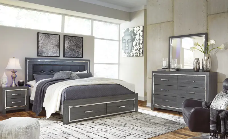 Lodanna Gray King Panel Bed With Dual Storage Drawers, Dresser, Mirror & Nightstand 1