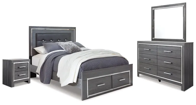 Lodanna Gray Queen Panel Bed With 2 Storage Drawers, Matching Mirrored Dresser & Nightstand 1
