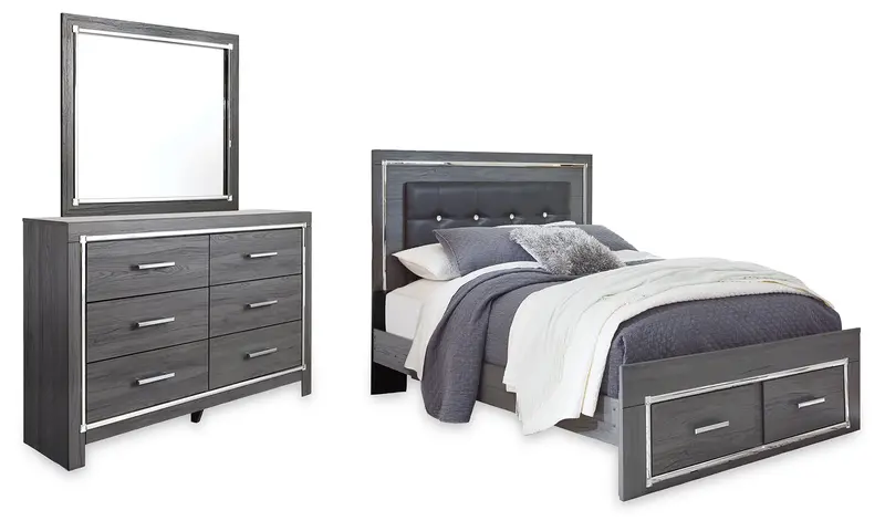 Lodanna Gray Queen Upholstered Storage Panel Bed With Dresser & Mirror 1