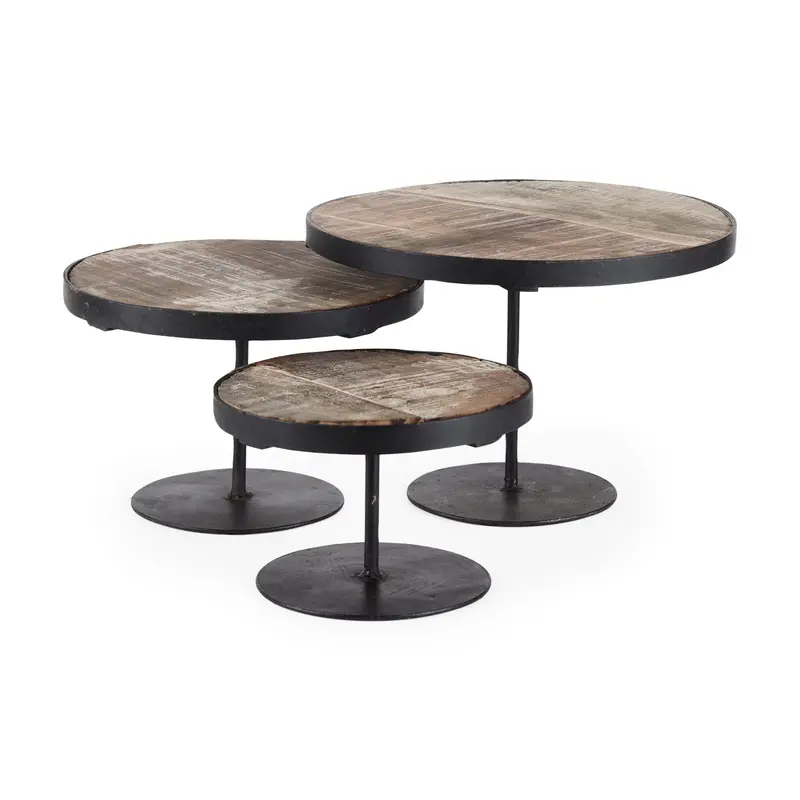 Lorenz Set Of 3 – Round Decorative Display Stands In Light Brown Wood With Black Metal Bases 1
