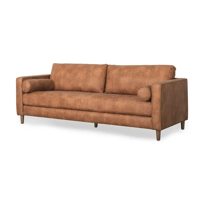 Loretta Three-Seater Sofa – Cognac Faux Leather With Two Bolster Cushions (88"L X 36.2"W X 33.9"H) 1