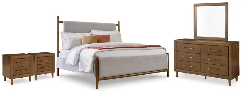 Lyncott Brown/Beige Queen Upholstered Bedroom Set: Bed, Dresser, Mirror & Two Nightstands 1