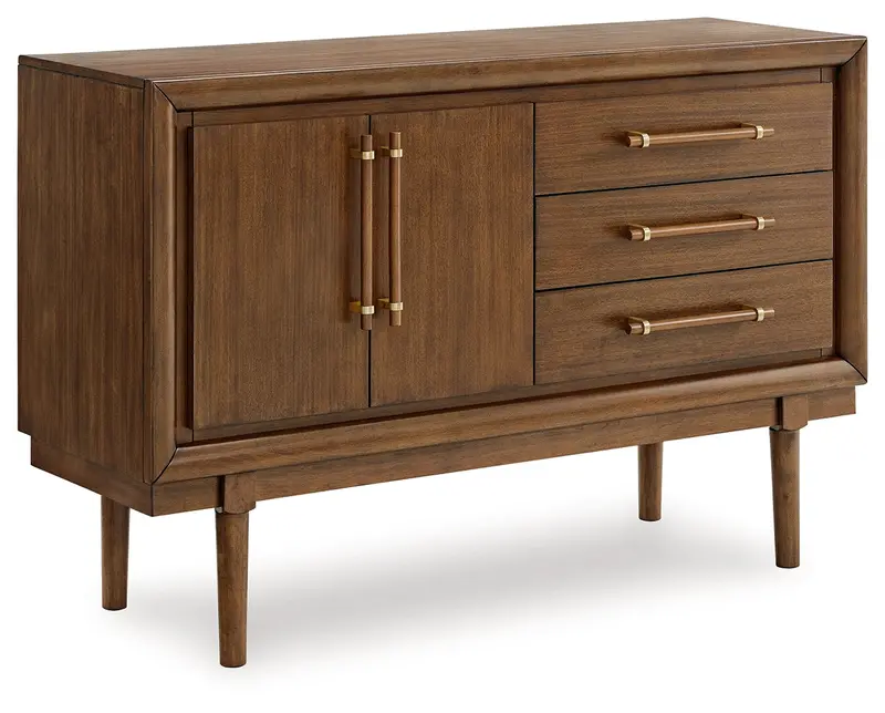 Lyncott Fossil-Tone Dining Server – Rustic Brown Buffet With Display Shelving 1
