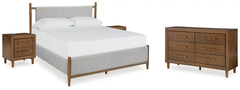Lyncott Queen Upholstered Bed With Matching Brown Dresser & Nightstands 1