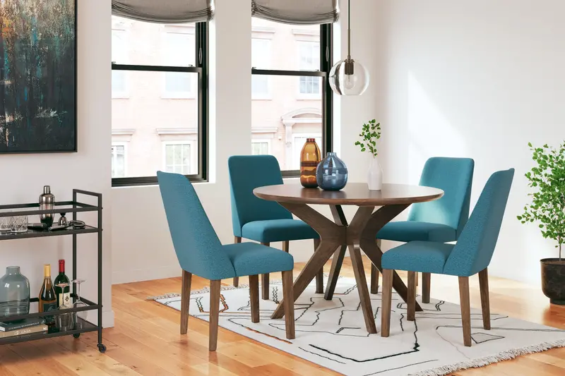 Lyncott Round Dining Set: Brown Table + 4 Blue & Brown Chairs 1