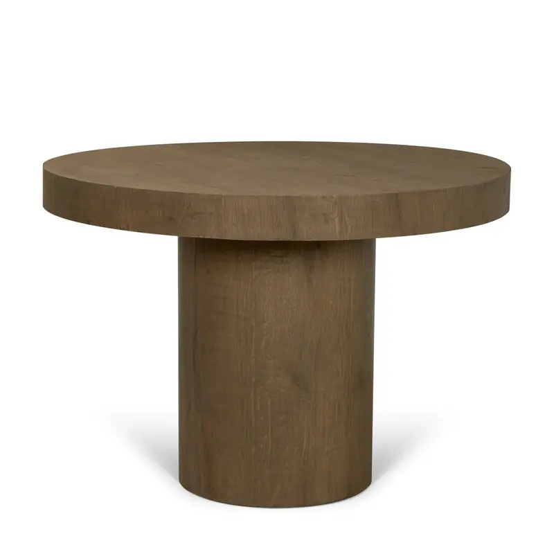 Lyonne Dining Table – 42" Round Pedestal Design In Medium Brown Oak Wood 1