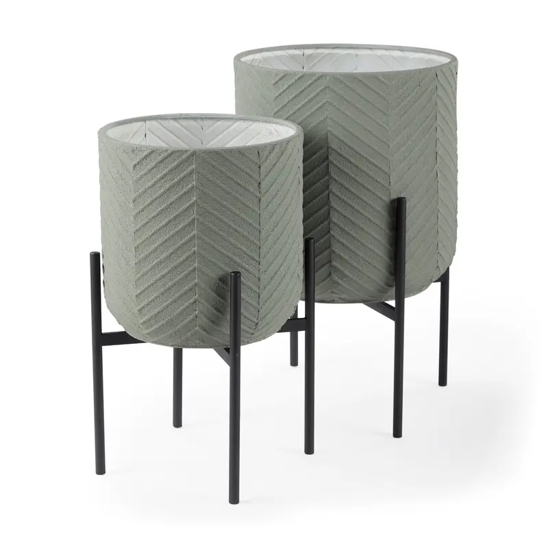Mabel Green-Topped Plant Stand Pair – Black Iron Base With Rustic Metal Accents 1