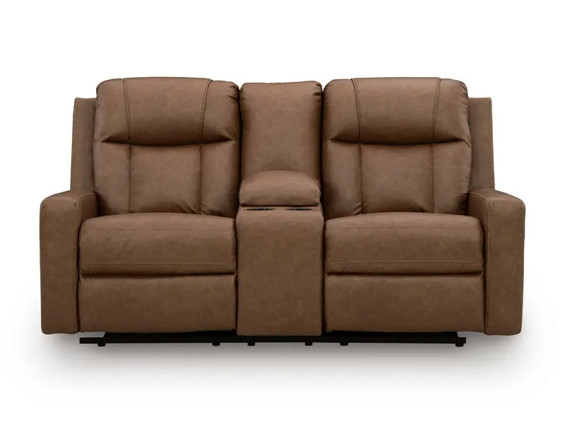 Mackmenville Caramel-Tone Reclining Loveseat Featuring Built-In Console 1