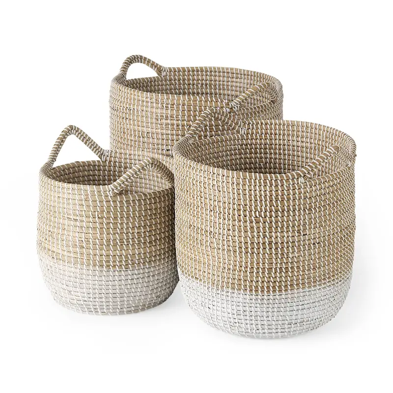 Maddie Seagrass Basket Set Of Three – Light Brown With White-Dipped Edges And Handles 1