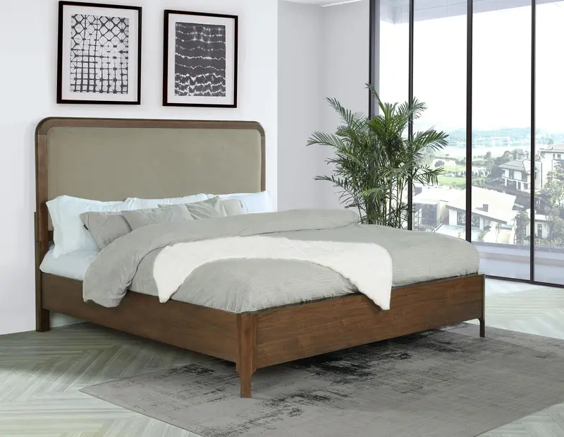 Maderia Walnut California King Upholstered Bed – 57-Inch Elegant Panel Style 1