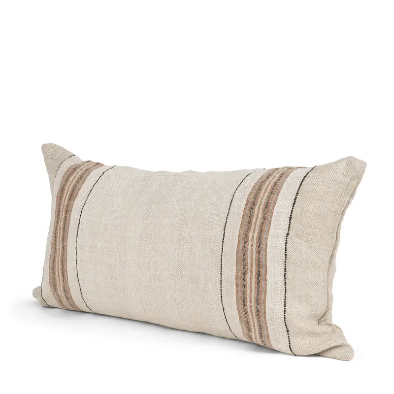 Maeve Natural Linen Lumbar Pillow Cover With Orange Stripes (14" X 26") 1