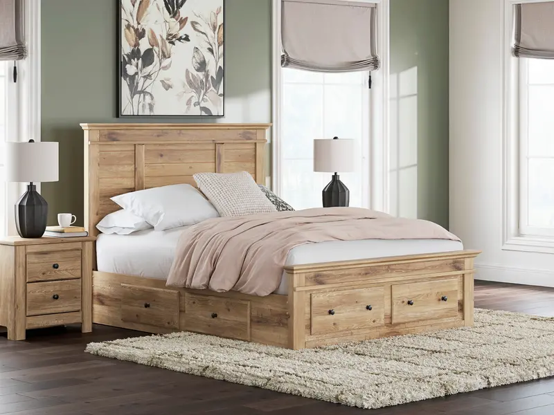 Makidern Tan Queen Storage Panel Bed With Built-In Footboard Drawers 1