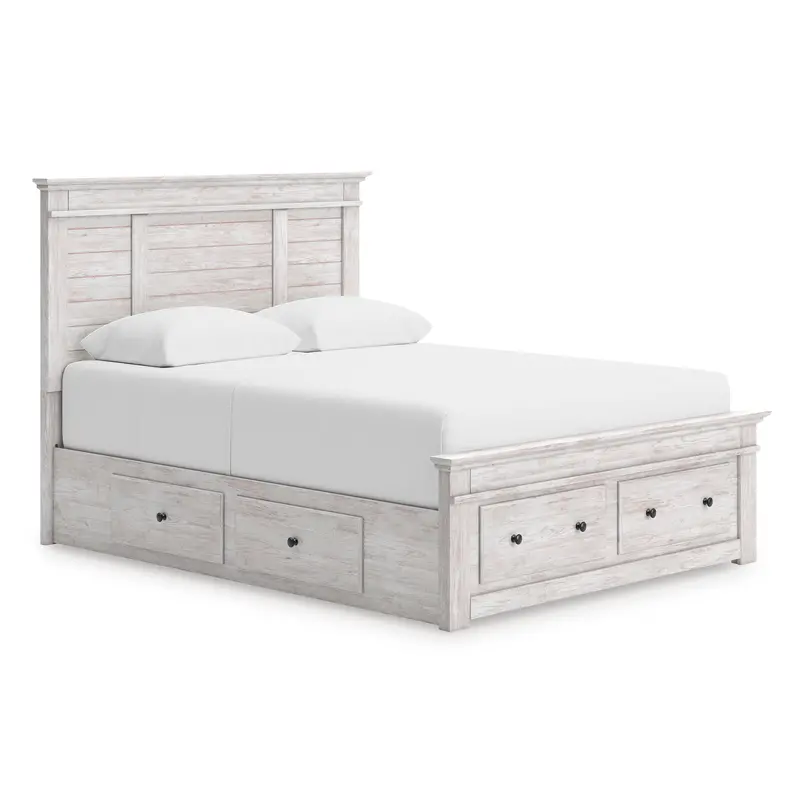 Makidern Whitewash Queen Storage Panel Bed With Dual Side Drawers 1