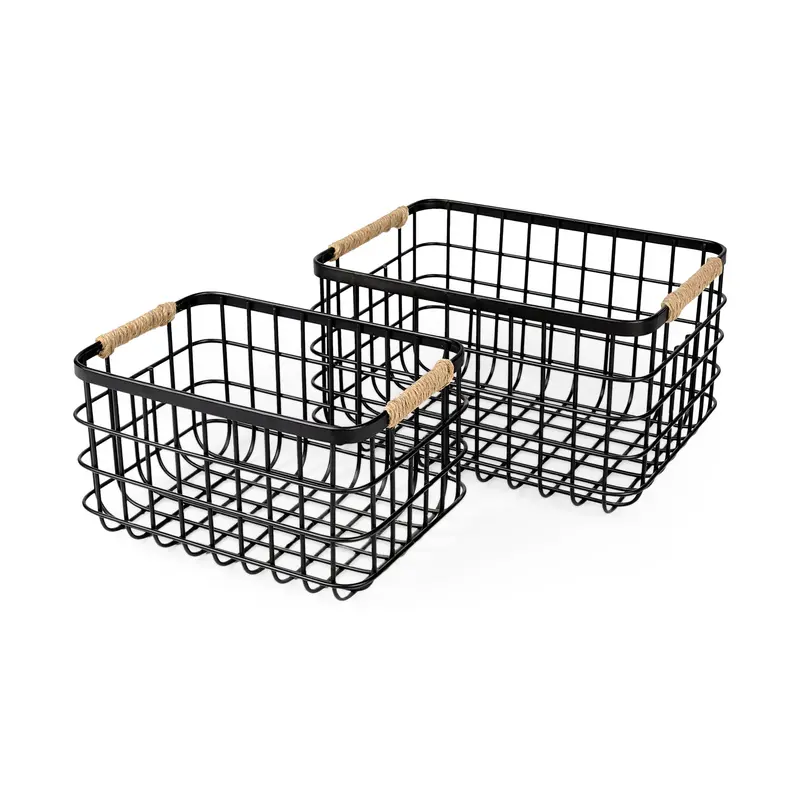 Marius Rectangular Storage Baskets (Set Of 2) – Matte Black Metal With Rope Trim 1