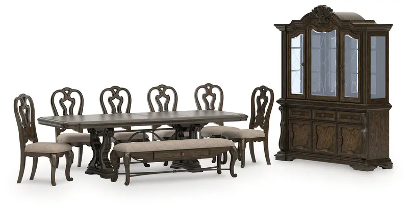Maylee Dark Brown Dining Set: Table, 6 Chairs & Storage Bench 1