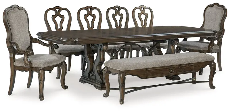Maylee Dining Set – Dark Brown Table With 6 Chairs & Bench 1