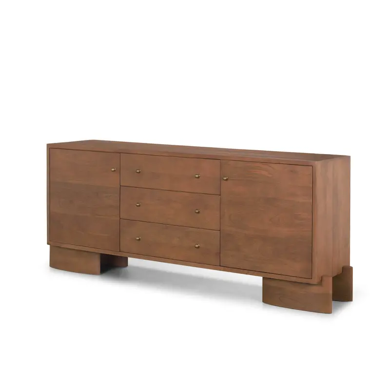 Medium Brown Mango Wood Sideboard – Jonan 2-Door, 3-Drawer Cabinet With Aged Brass Accents 1