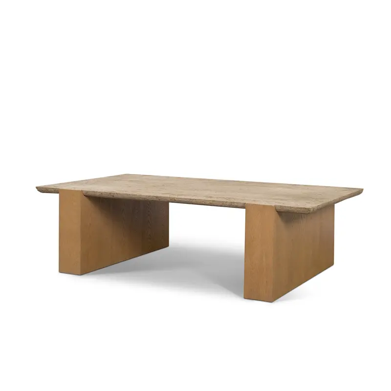 Milos Coffee Table – Light Brown Oak Wood Frame With Premium Travertine Top 1