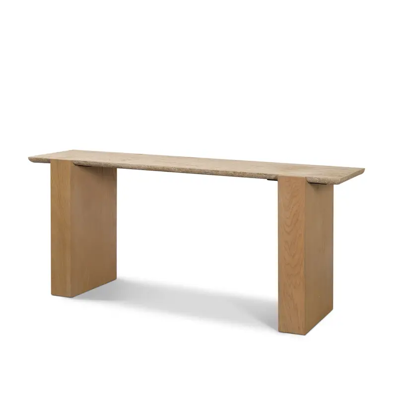 Milos Console Table With Travertine Top And Light Brown Oak Base 1