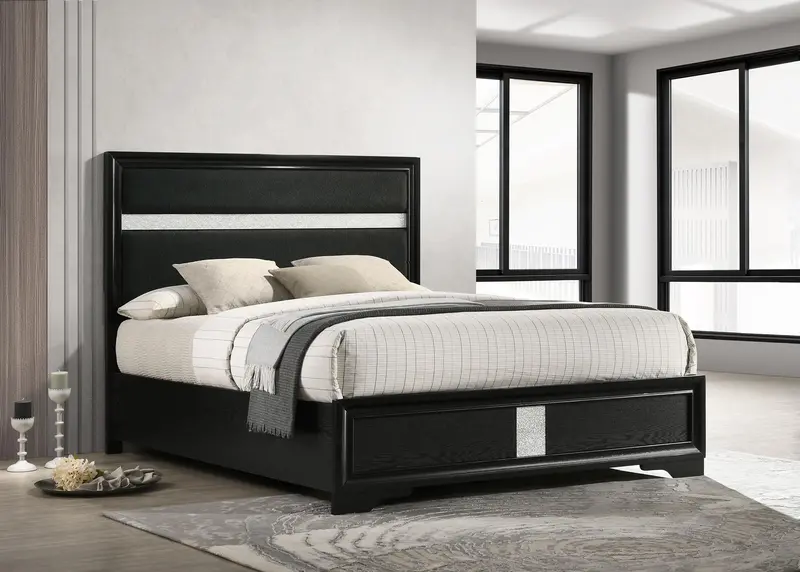 Miranda Black 55-Inch Full Panel Bed – Upholstered Platform Design With Tailored Detailing 1