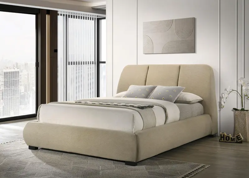 Mokena Brown Upholstered California King Platform Bed – Warm-Tone Modern Frame 1